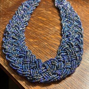 Braided Blue & Silver Seed Bead Necklace
